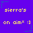 Purple background with yellow text reading "sierra's" and "on aim* :)" in a pattern, surrounded by green and blue star-shaped pixel clusters