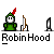 Pixel art character in green tunic and red feathered hat draws bow with arrow, standing next to silver sword on gray background.