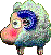 Pixelated cartoon character with blue hair, pink cheeks, and greenish-gray fur-like texture, standing with two legs visible.