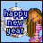 Pixelated static image of a cartoon girl next to a disco ball with "Happy new year" text on it against a light blue background.