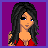 Pixel art contact sheet showing three frames of an animated AIM buddy icon featuring a woman in red clothing with long dark hair, displayed over purple background with text labels below each frame.