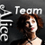 A pixelated image of a woman with brown hair and red lipstick, wearing a dark top against a gray background with 'Team Alice' text.