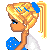 Pixel art of a blonde girl with blue accessories and text reading 'Thinking Of You...' in multicolored letters.