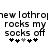 Pixelated text reads 'new lothrop rocks my socks off' with five asterisk-like symbols below, displayed in two identical side-by-side