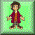 Pixelated character in maroon jacket and brown pants on green background with black text overlays changing across frames.