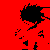 A static pixel art image with a solid red background and scattered black pixel clusters forming abstract shapes.