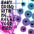 Pixelated image with black text reading 'BABY GRIND WITH ME... RELAX YOUR MIND' over a pink and purple gradient background, surrounded by blue circular icons containing stylized Y symbols.