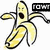 Pixelated banana character with open mouth, black outline, and yellow peel texture holding a black rectangular object with white symbols.