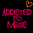 Pixelated text 'ADDICTED TO MUSIC' in pink with an orange heart symbol above, displayed on a black background.