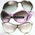 Pixelated image of three overlapping sunglasses with gradient lenses in purple, gray, and beige tones.