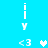 Pixelated white and light blue icons on cyan background show vertical 'iY' text, '<3' symbols, and heart shapes with one heart changing color.