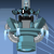 Pixelated character with teal and gray armor, black bow tie, and white accents, holding a sword against a blue gradient background.