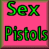 Green pixelated text 'Sex Pistols' on pink background next to grayscale image of person with spiky hair and crown-like headpiece.