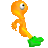 Pixelated orange figure with single large eye, bent arm, and green leaf-shaped foot on gray background.