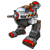 Pixelated static image of a robotic character with metallic gray body, red accents on limbs and head, blue eyes, yellow mechanical details, and brown components.