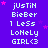 Purple background with pink stars and repeated white text reading 'justin', 'Bieber', '1 Less', 'Lonely', 'GIRL<3' in a pattern