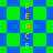 A static pixel art image with green and blue squares forming a pattern, featuring vertical orange text reading "PEACE" on the left side