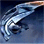 A pixelated, diagonal streak of light blue and white pixels against a dark blue background, resembling a motion blur effect.