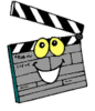 Animated clapperboard icon with yellow eyes and white smile, black-and-white striped top section, gray body, teal border.