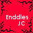 Red background with black pixelated branch-like patterns and four identical white text blocks reading "Endles JC" arranged in a