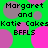 Green background with pink and gray circles, text "Margaret and Katie Cakes BFMLS" repeated in pixelated font across the image.