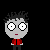 Pixelated character with gray face, red jacket, and black pants in six variations showing eye expressions and devil features.