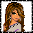Pixelated image of a woman with long brown hair and blue eyes, wearing a light-colored top with purple accents and earrings, next to text reading "Blonde at Heart" on a dark gradient background.