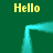 Yellow 'Hello' text appears four times around a cyan rectangular frame on a dark green background, with the frame's corners and sides showing motion blur effects.