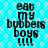 A static image with a bright cyan background patterned by white circles and squares, displaying repeated text in black pixelated font.