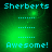 Green pixelated background with cyan text 'Sherberts' at top and 'Awesome!' at bottom, separated by dotted lines.