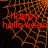 Red text 'happy halloween' on a dark background with orange web-like patterns, transitioning to a solid gray area.