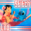 Pixelated image of Stitch and Lilo from Disney's Lilo & Stitch with text labels, blue background, red accents.