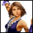 A pixelated 48x48 buddy icon featuring a female character in a blue dress on the left and stylized text on a black background on the right, arranged as a contact sheet with two visible frames.
