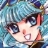 Pixelated anime-style character with light skin, dark hair, and large eyes, set against a blue and white patterned background.