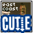 Two side-by-side animated frames of a pixelated buddy icon featuring text and partial human figures against a dark background with blue lower section.
