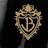 Golden ornate crest with intertwined letters 'J' and 'P', crown-like top, shield shape on black background.