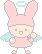 Pixel art contact sheet of a pink bunny angel character with light blue wings and halo, showing two animation frames side-by-side on gray background.