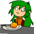 Pixelated character with green hair, orange outfit, and white accents holding a yellow object on a plate.