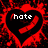 Two black heart shapes with red pixelated borders contain white text reading 'hate' and 'is all i feel', set against a red-and-black pixelated background.