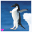 Animated penguin standing on ice with blue water background, displaying color-coded puzzle-piece icons in bottom-left corner.