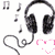 Black over-ear headphones with coiled cable, surrounded by musical notes and pink heart shapes on white background.