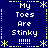 Blue background with yellow dashed border and star motifs, displaying repeated white pixelated text "My Toes Are Stinky !!!!!" in a