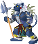 Blue quadrupedal creature with white mane and yellow eyes holds a spear, wearing armor and red sash across chest.