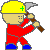 Four pixelated figures in red jumpsuits and yellow hard hats with green crosses, each holding a pickaxe in different swinging poses against a gray background.