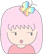 Pixelated cartoon character with pink hair and a rainbow butterfly accessory, wearing a pink top against gray background.