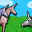 Pixelated image of two unicorn-like creatures on a grassy field under blue sky, with repeated text overlays in yellow font.