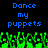 Blue pixelated text 'Dance my puppets' appears above green pixelated figures on a black background.