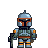 Pixel art of a character in blue and orange armor holding a blaster pistol against a gray background.