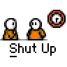 Animated contact sheet of a pixel art buddy icon showing multiple frames with orange stick figures and red circular symbols, each labeled "Shut Up" below the animation sequence.