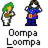 Animated contact sheet of pixel art Oompa Loompa characters in various poses with text "Oompa Loompa" below each frame on gray background.